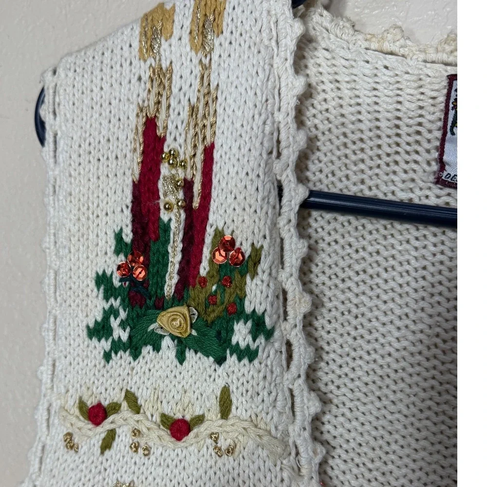 Tiara International Vintage 1997 Christmas Sweater Vest Cream Beaded Noel Medium